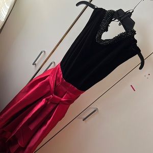 Sleeveless Beaded Neck Velvet Black and Satin Red bottom dress